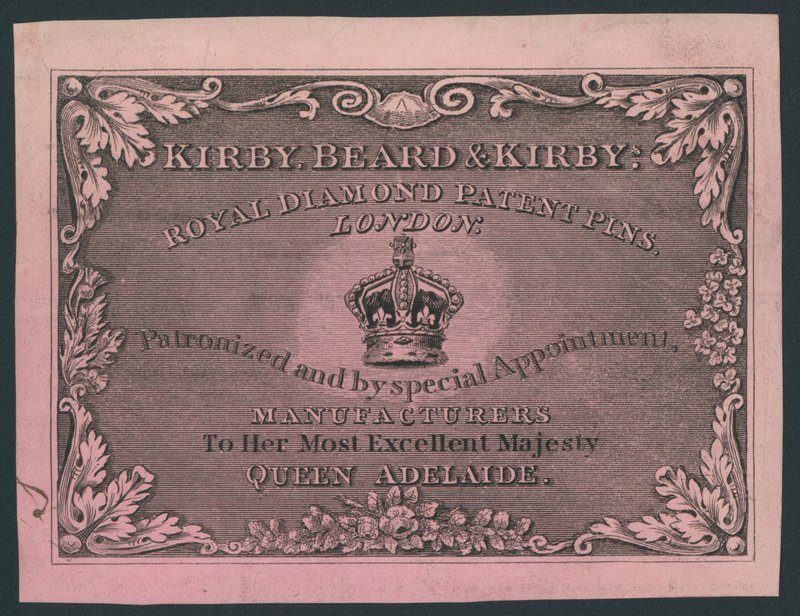 Kirby, Beard and Kirby, Royal Diamond Patent Pins, trade card av English School