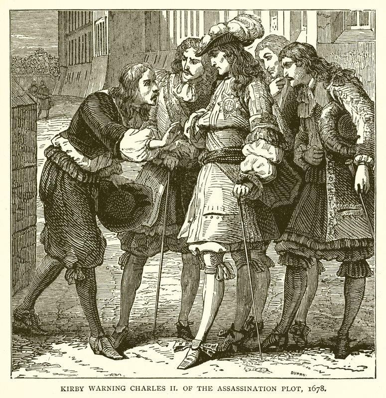 Kirby varnar Charles II för mordplanen, 1678 av English School