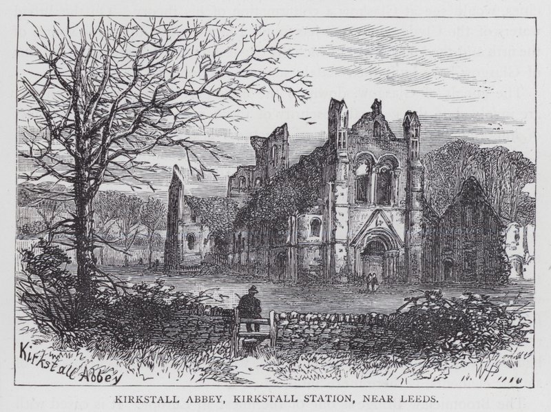 Kirkstall Abbey, Kirkstall Station, nära Leeds (gravyr) av English School