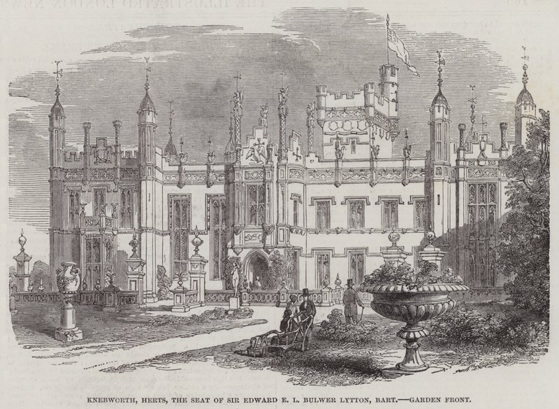 Knebworth, Herts, sätet för Sir Edward E L Bulwer Lytton, Baronet, Garden Front (gravyr) av English School