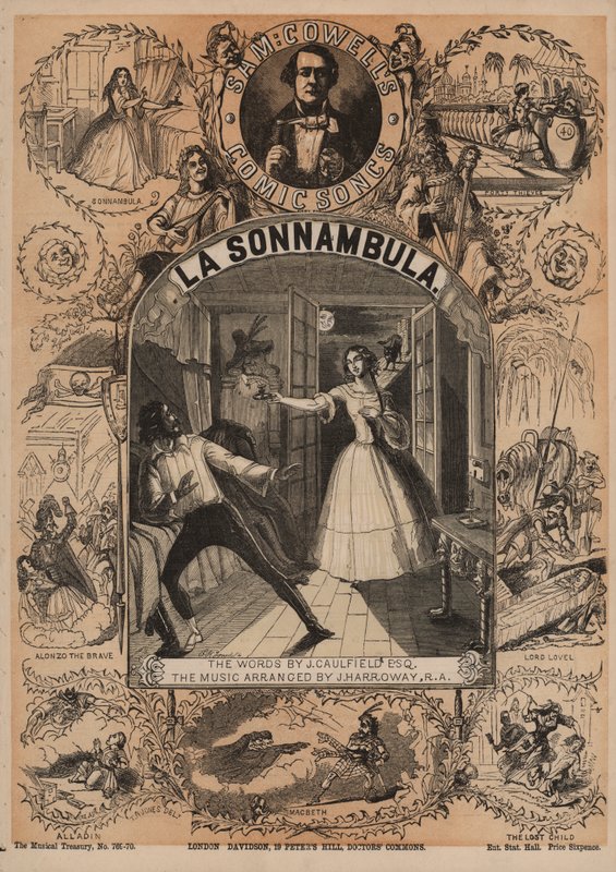 La Sonnambula, en av Sam Cowells komiska sånger (färg litho) av English School