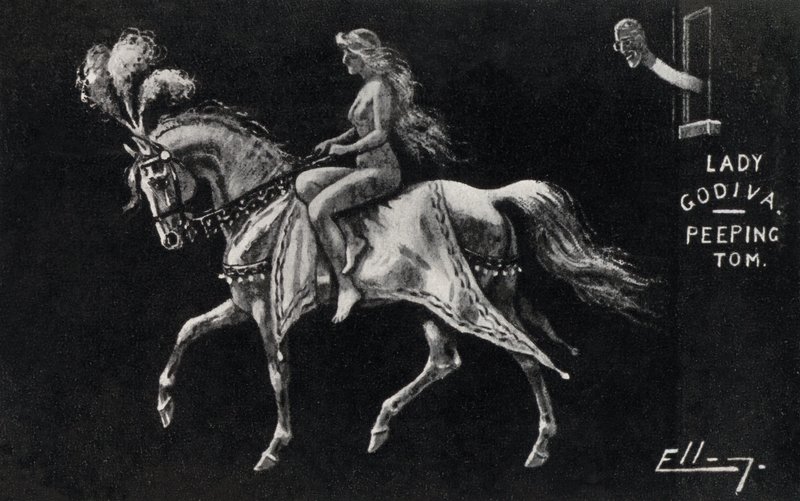 Lady Godiva rider naken till häst genom Coventrys gator, iakttagen av en kikare (litho) av English School