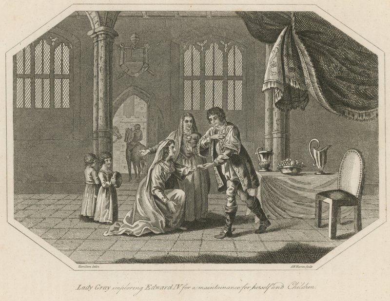 Lady Grey bönfaller kung Edward IV om underhåll för sig själv och barnen av English School