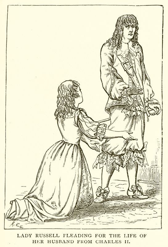 Lady Russell vädjar om sin mans liv från Charles II av English School