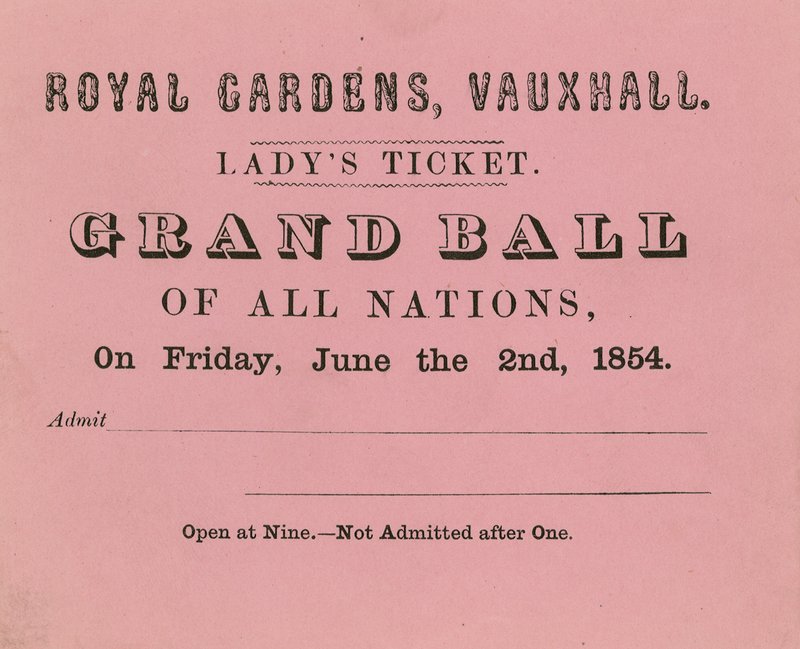 Ladys biljett, Vauxhall Gardens, London, den 2 juni 1854 av English School
