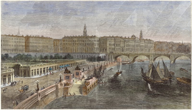 Landningstrappor och prydnadsträdgårdar mellan Hungerford och Waterloo Bridges av English School