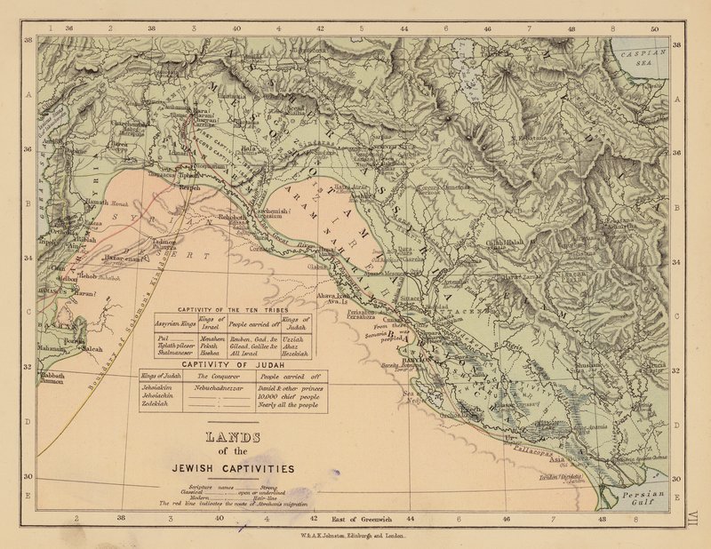 De judiska fångarnas land (färglitografi) av English School