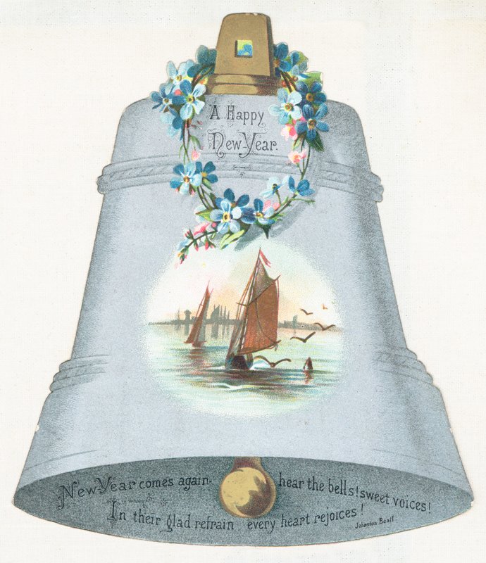 Stor blå klocka med bild av segelbåt, nyårskort av English School