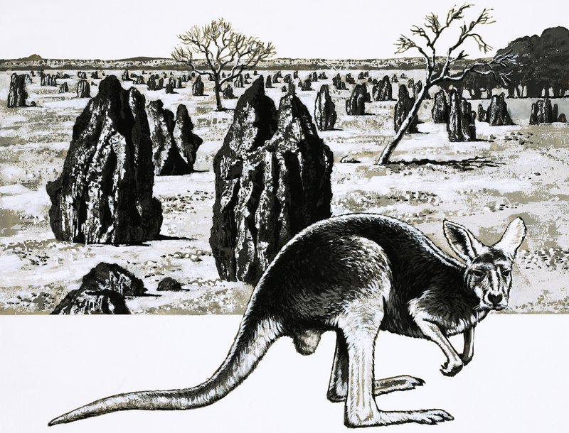 Stora termithögar nära Darwin, Australien, och en känguru i förgrunden av English School