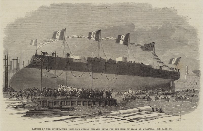 Lansering av Affondatore, järnklädd kupolfregatt, byggd för kungen av Italien vid Millwall, 1865 av English School