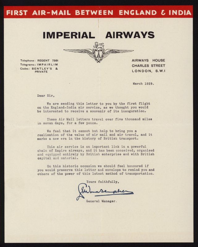 Lansering av den första flygposttjänsten mellan England och Indien av Imperial Airways i mars 1929 (litho) av English School