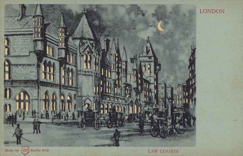 Law Courts, London (färglitografi) av English School