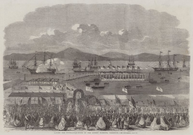 Lägger grundstenen i Albert Harbour, Greenock (gravyr) av English School