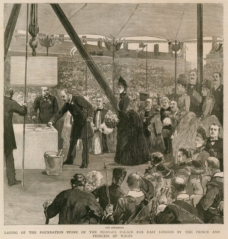 Lägger grundstenen till Peoples Palace för östra London av prinsen och prinsessan av Wales av English School