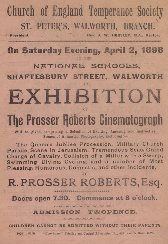 Broschyr som annonserar en utställning av Prosser Roberts Cinematograph av English School
