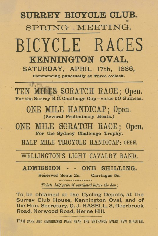 Broschyr som annonserar cykeltävlingar på Kennington Oval, 17 april 1886 av English School