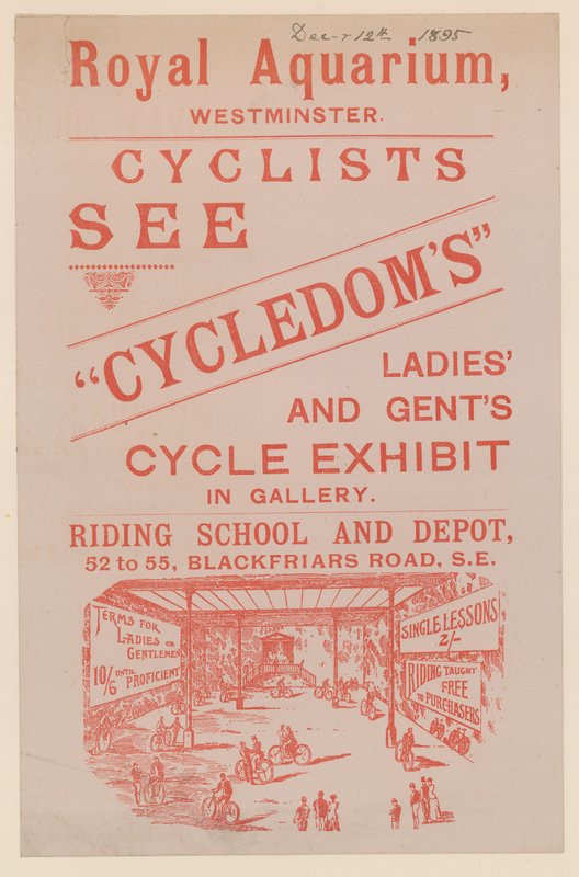 Broschyr som annonserar utställningen Cycledoms Ladies and Gents Cycle på Royal Aquarium av English School