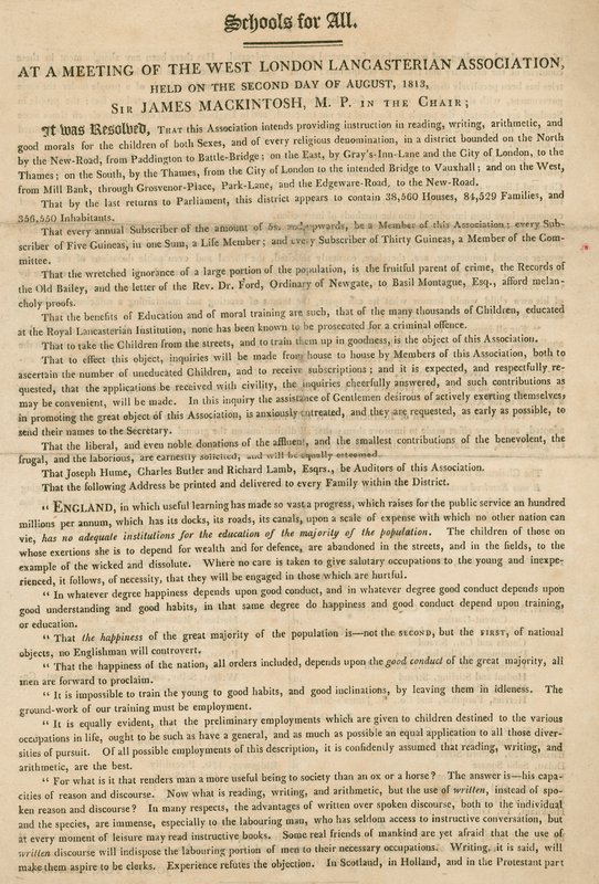 Broschyr som förklarar en resolution från West London Lancasterian Association att börja ge undervisning till barn, augusti 1813 av English School