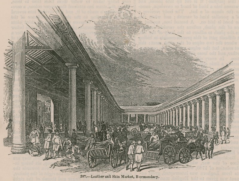 Läder- och hudmarknad, Bermondsey, London av English School