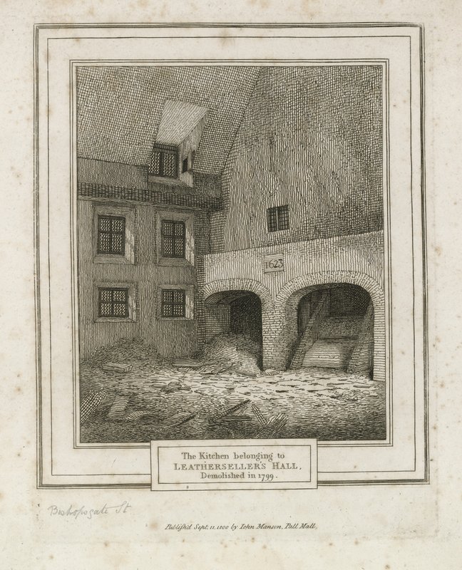 Leathersellers Hall, Bishopsgate Street. Rivs 1799 av English School