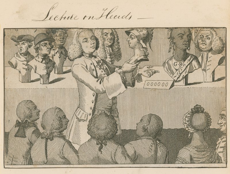 Föreläsning om Heads, i Long Room, mittemot Sadlers Wells, den 20 juni 1765 av English School