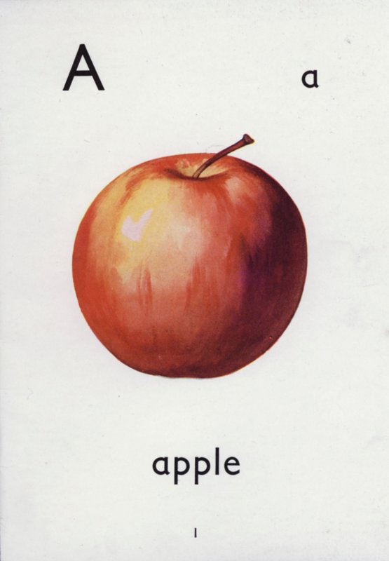 Bokstaven A, äpple (färg litho) av English School