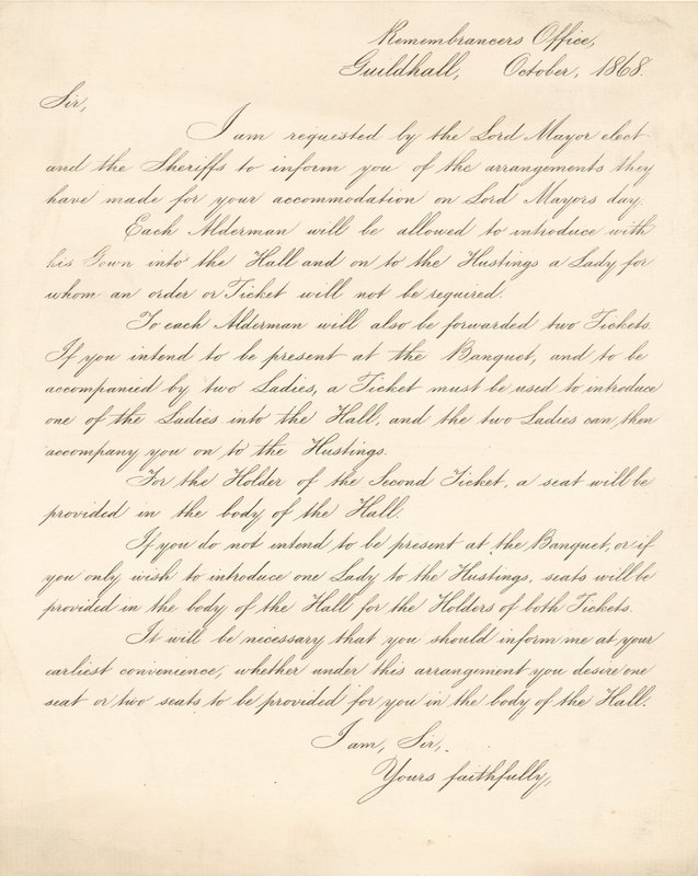 Brev med detaljerade arrangemang för en bankett i Guildhall, London, den 9 november 1868 av English School