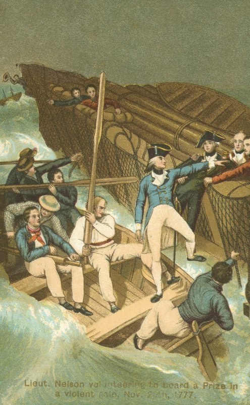 Löjtnant Horatio Nelson går ombord på ett pris i en storm (färg litho) av English School