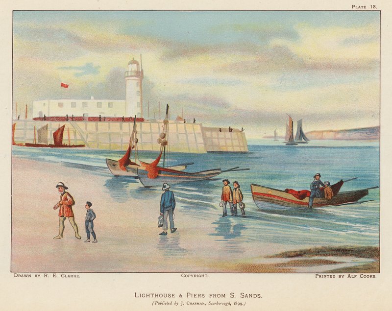 Fyr och pir från South Sands, Scarborough (färglitografi) av English School