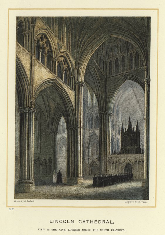 Lincoln Cathedral, utsikt i långhuset, med utsikt över norra tvärskeppet av English School