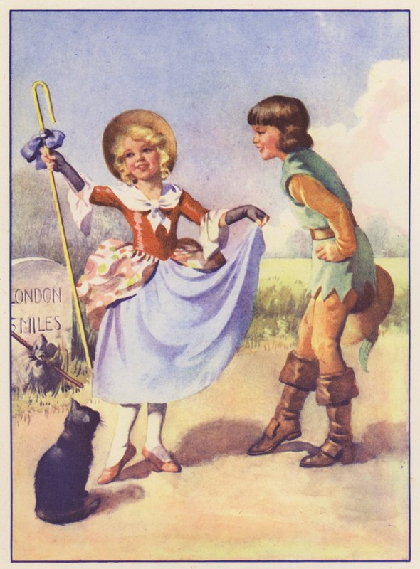 Lilla Bo Peep och Dick Whittington (färglitografi) av English School