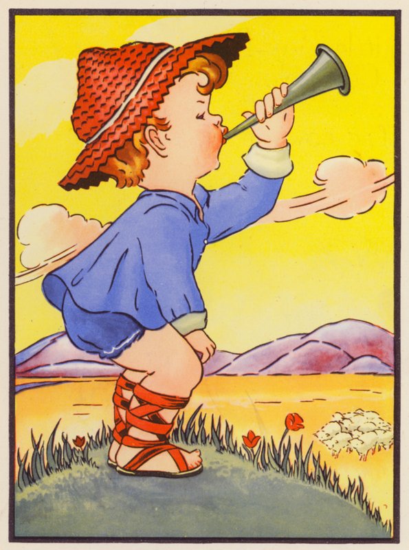 "Little Boy Blue, kom och blås i ditt horn" (färglitografi) av English School