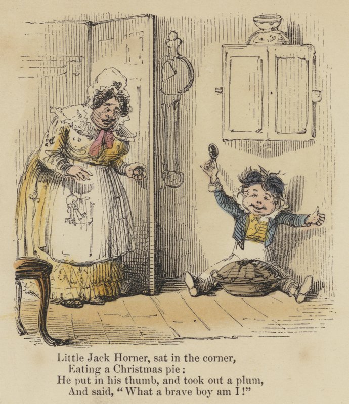 Lilla Jack Horner satt i hörnet och åt en julpaj. Han satte in tummen och tog fram ett plommon och sa: "Vilken modig pojke är jag!" (färgad gravyr) av English School