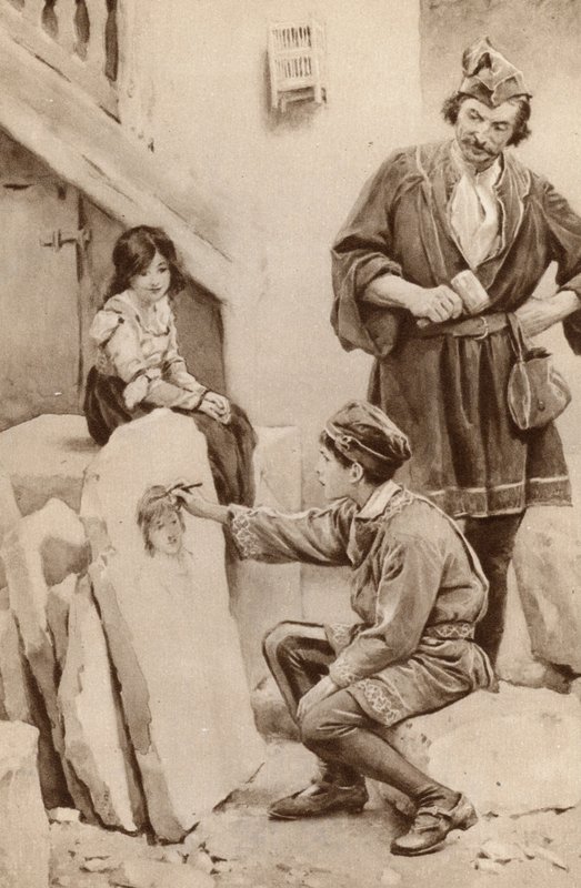 Lille Michael Angelo ritar ett porträtt (lito i färg) av English School