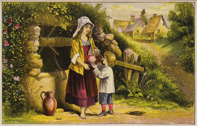Liten pojke dricksvatten från en brunn (färgad gravyr) av English School