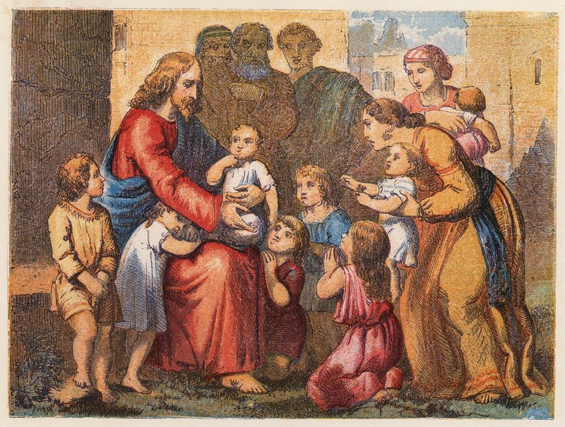 Små barn förs till Jesus (färglitografi) av English School