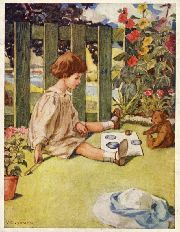 Liten flicka leker på te i trädgården med sin nallebjörn (färg litho) av English School