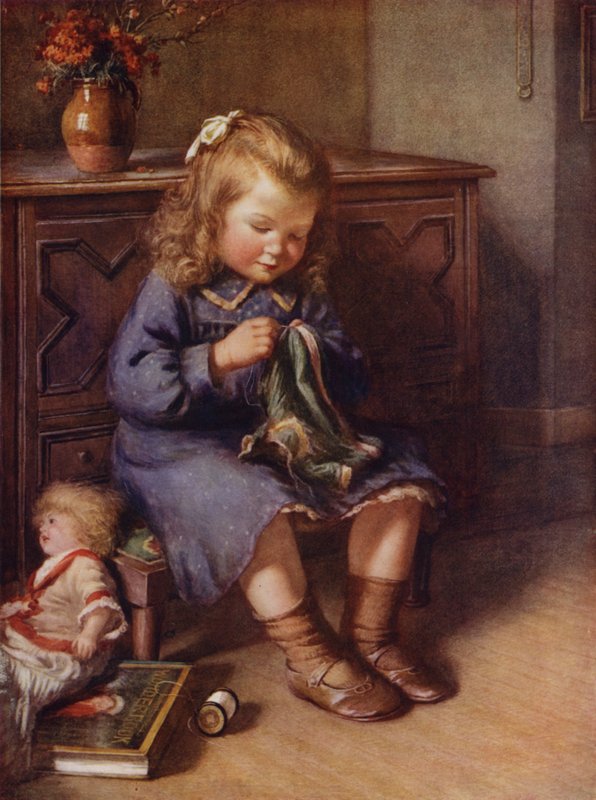 Liten flicka som syr kläder till sin docka (färg litho) av English School