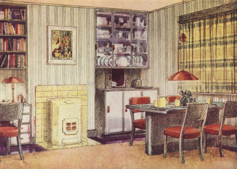 Vardagsrum med matplats och fastbränsleeld (färg litho) av English School