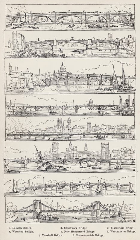 London Bridge, Southwark Bridge, Blackfriars Bridge, Waterloo Bridge, New Hungerford Bridge, Westminster Bridge, Vauxhall Bridge, Hammersmith Bridge (gravyr) av English School