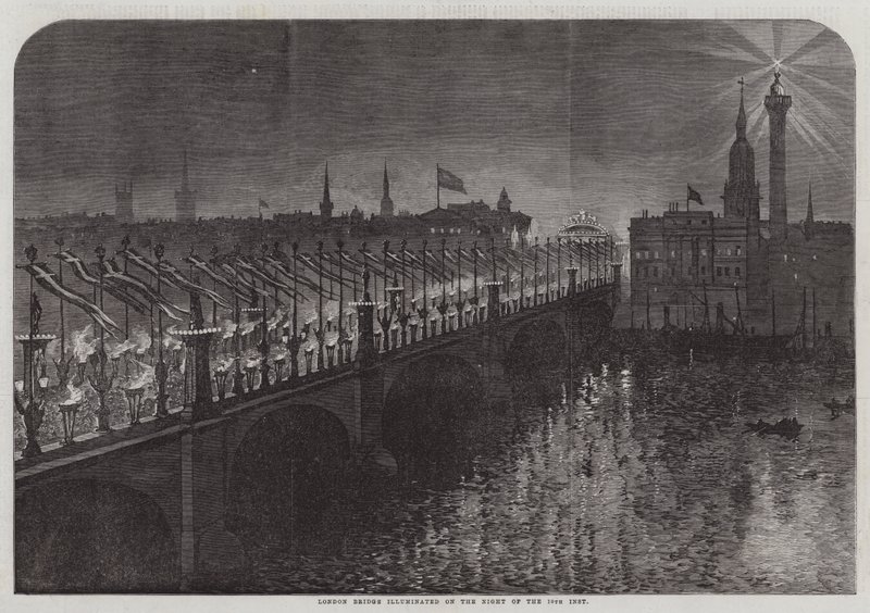 London Bridge upplyst på natten till den 10:e inst (gravyr) av English School