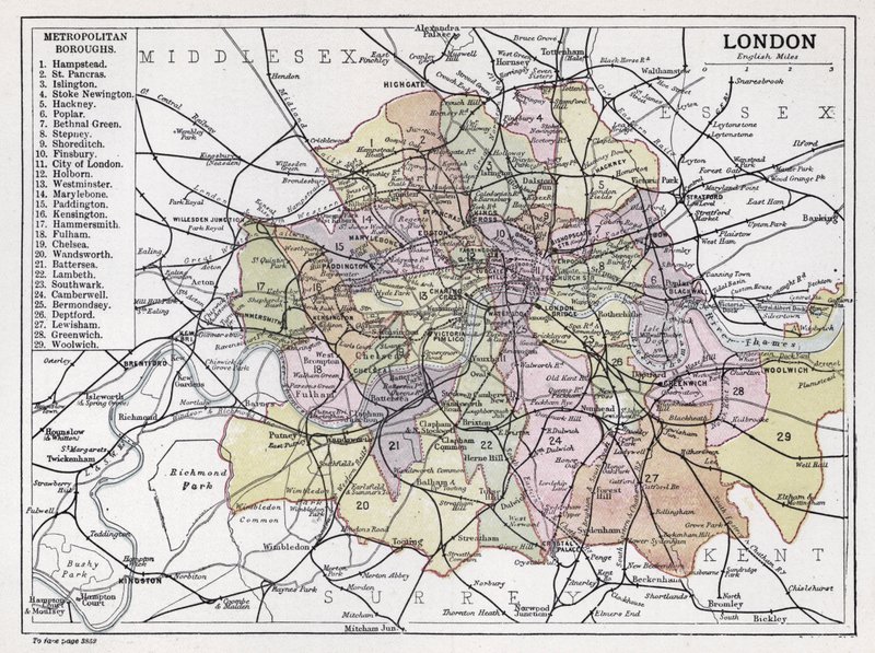 London, Metropolitan Boroughs (färg litho) av English School
