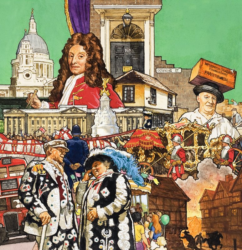 London Montage (gouache på papper) av English School