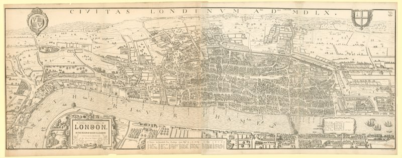 London under drottning Elizabeth I:s regeringstid, en faksimil (förminskad) av kartan av Aggas 1560 av English School
