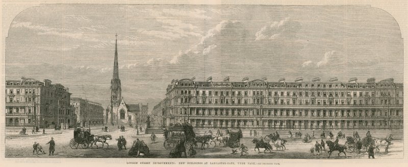London street förbättringar: Nya byggnader vid Lancaster Gate, Hyde Park av English School