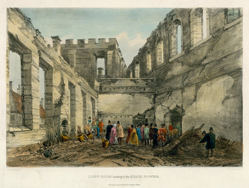 Long Room som leder till Brick Tower, Tower of London Fire, 1841 av English School