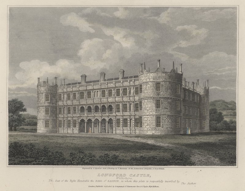 Longford Castle, Wiltshire, säte för Earl of Radnor (färgad gravyr) av English School