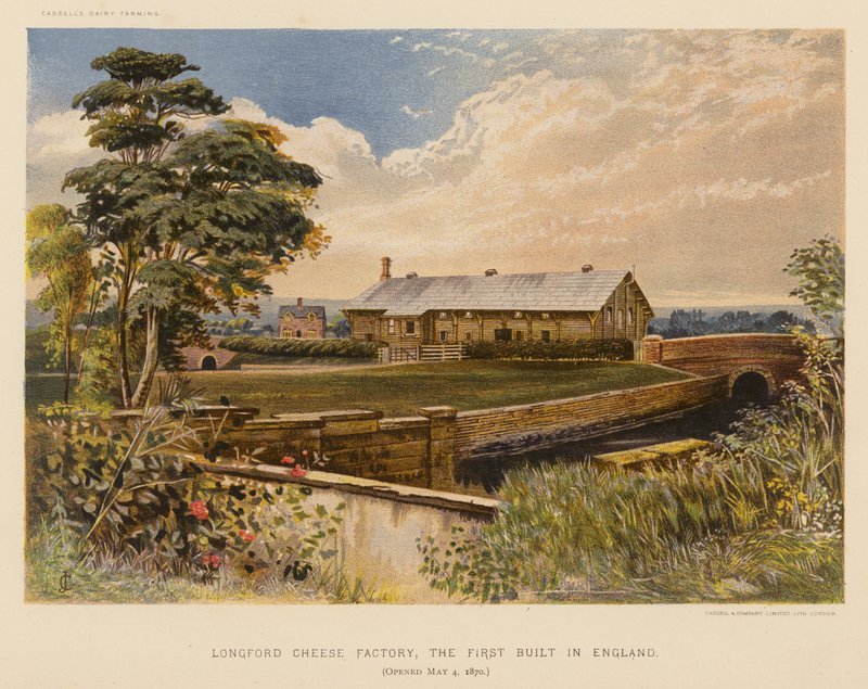 Longford Cheese Factory, den första som byggdes i England, invigd 4 maj 1870 (färglitografi) av English School