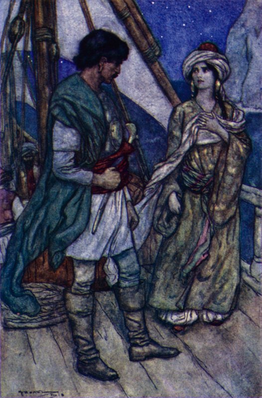 Lord Byron, Conrad och Gulnare (litho i färg) av English School