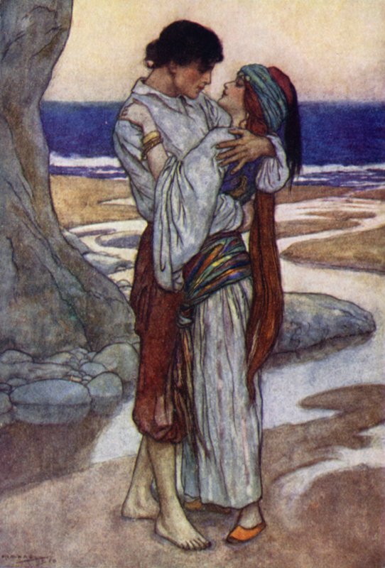 Lord Byron, Juan och Haidee (färg litho) av English School